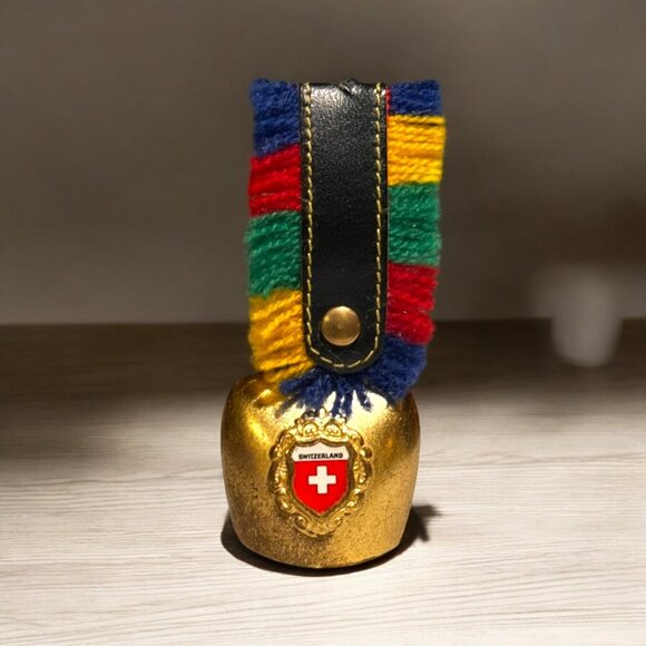 Vintage Swiss Souvenir Brass Bell with‎ Swiss Coat of Arms Colorful Ribbon - Picture 1 of 5